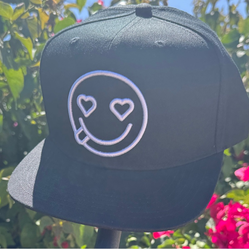 New Black Snapback Hat with Heart-Eyes Smiley Embroidery